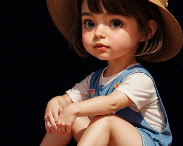 Child in Blue Overalls and Straw Hat Against Dark Background