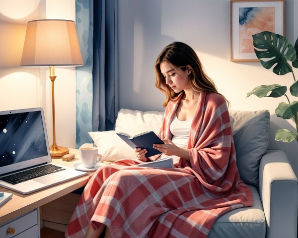 Cozy Indoor Reading Scene with Warm Lighting and Plants