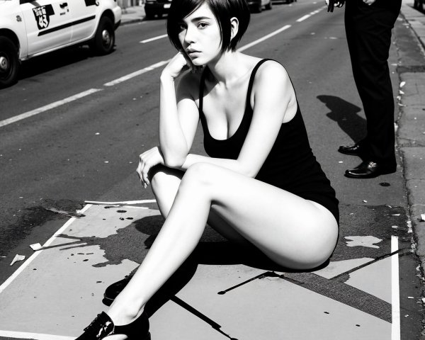 Black-and-white photo of a young woman seated outdoors