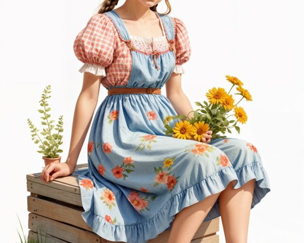 Young girl in pastel dress with sunflowers and hat