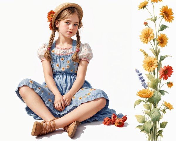Young girl in blue dress with sunflowers backdrop