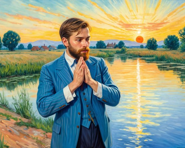 Young man in blue suit by serene river at sunset