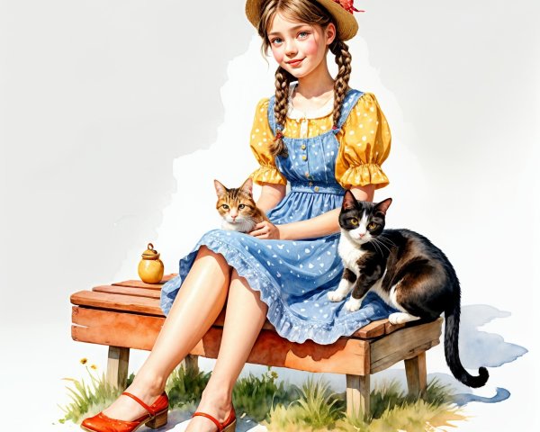 Cheerful girl in blue dress with playful cats nearby