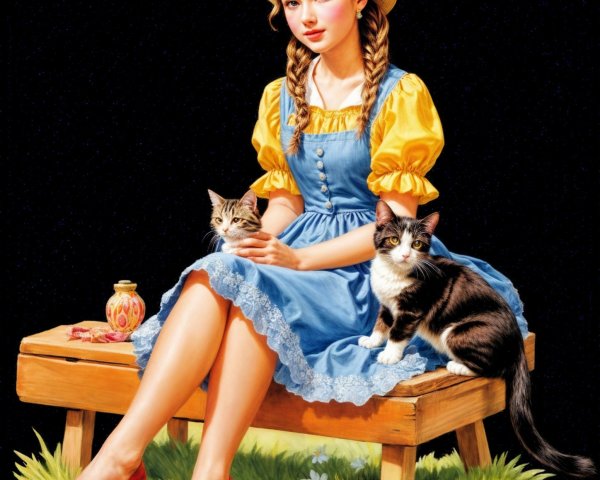 Young girl in colorful dress with cats on a bench