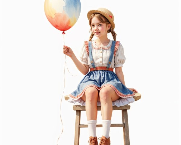 Young girl in denim dress with balloon on stool