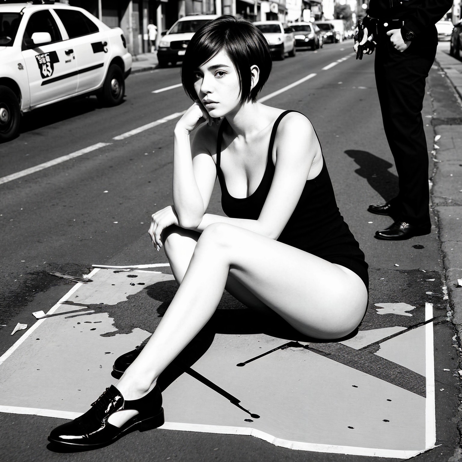 Black-and-white photo of a young woman seated outdoors