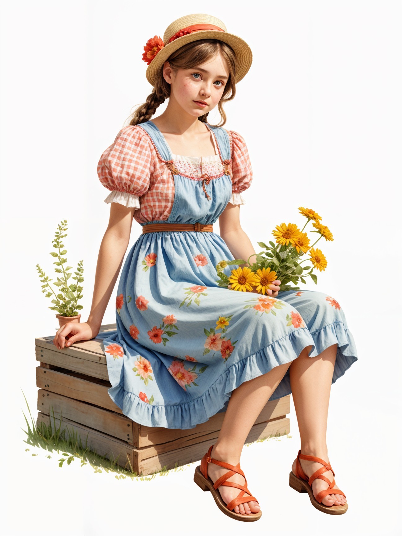 Young girl in pastel dress with sunflowers and hat