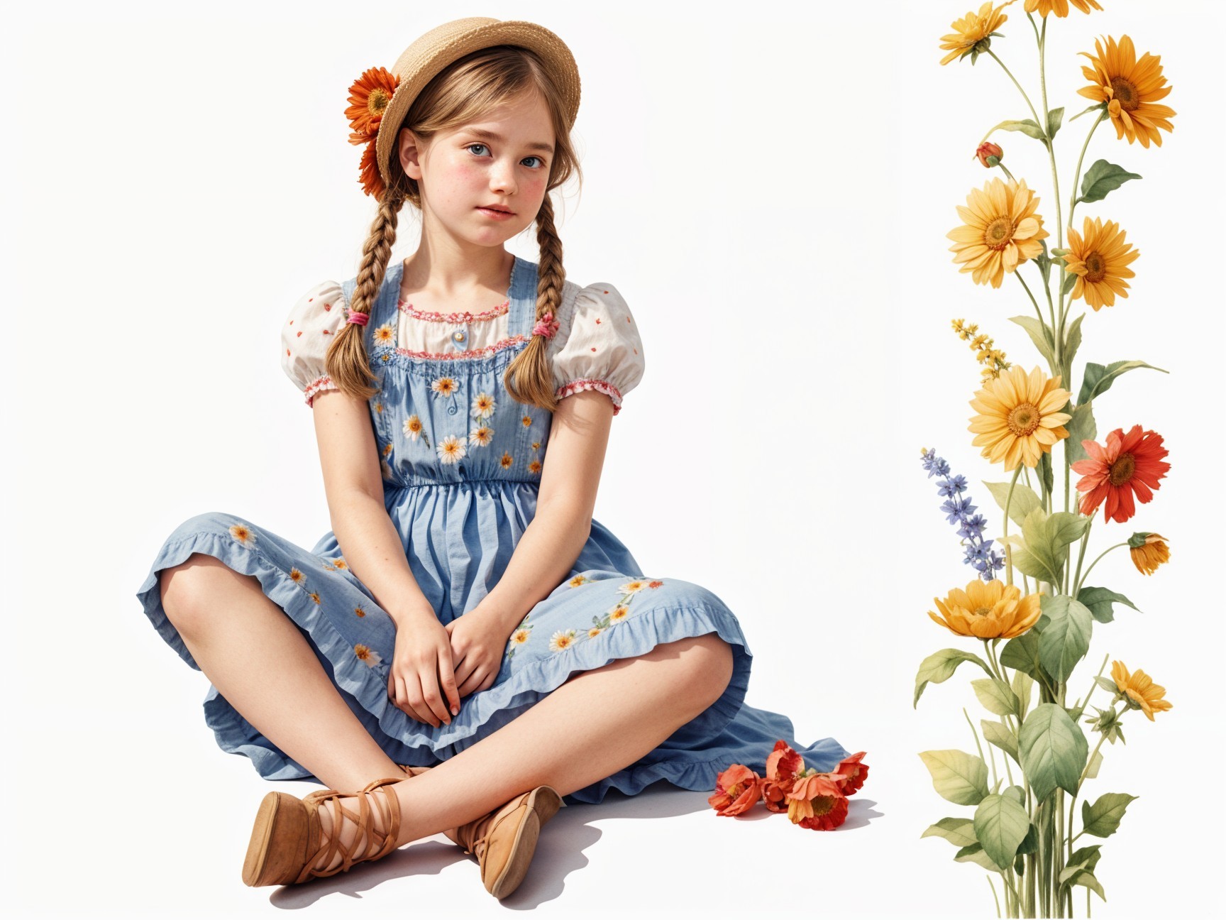 Young girl in blue dress with sunflowers backdrop