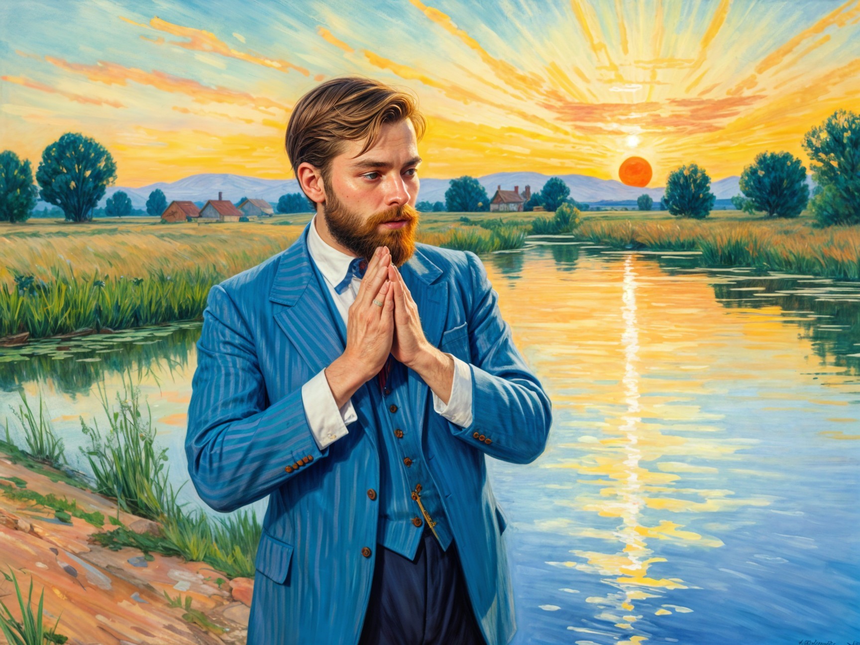 Young man in blue suit by serene river at sunset