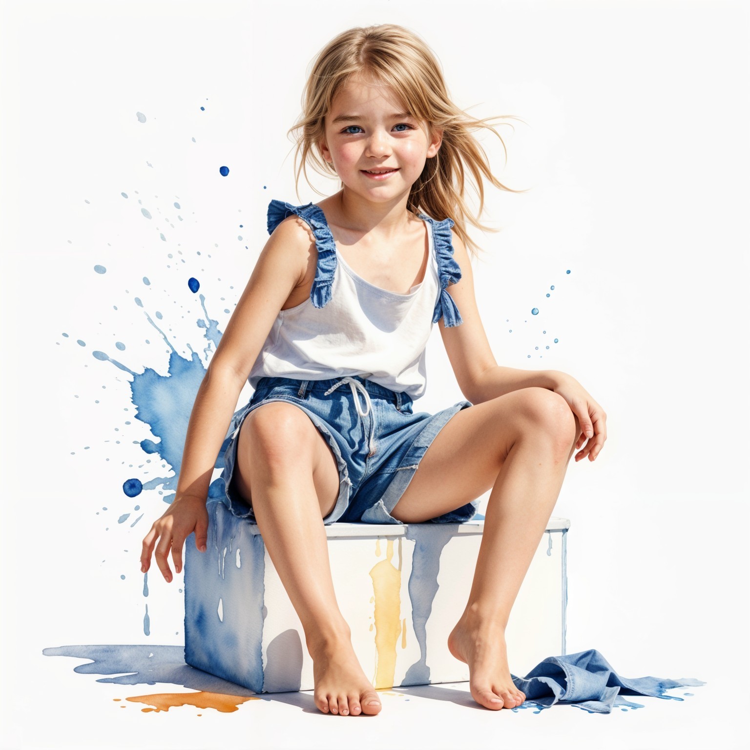 Cheerful girl on stylish box with vibrant watercolor background