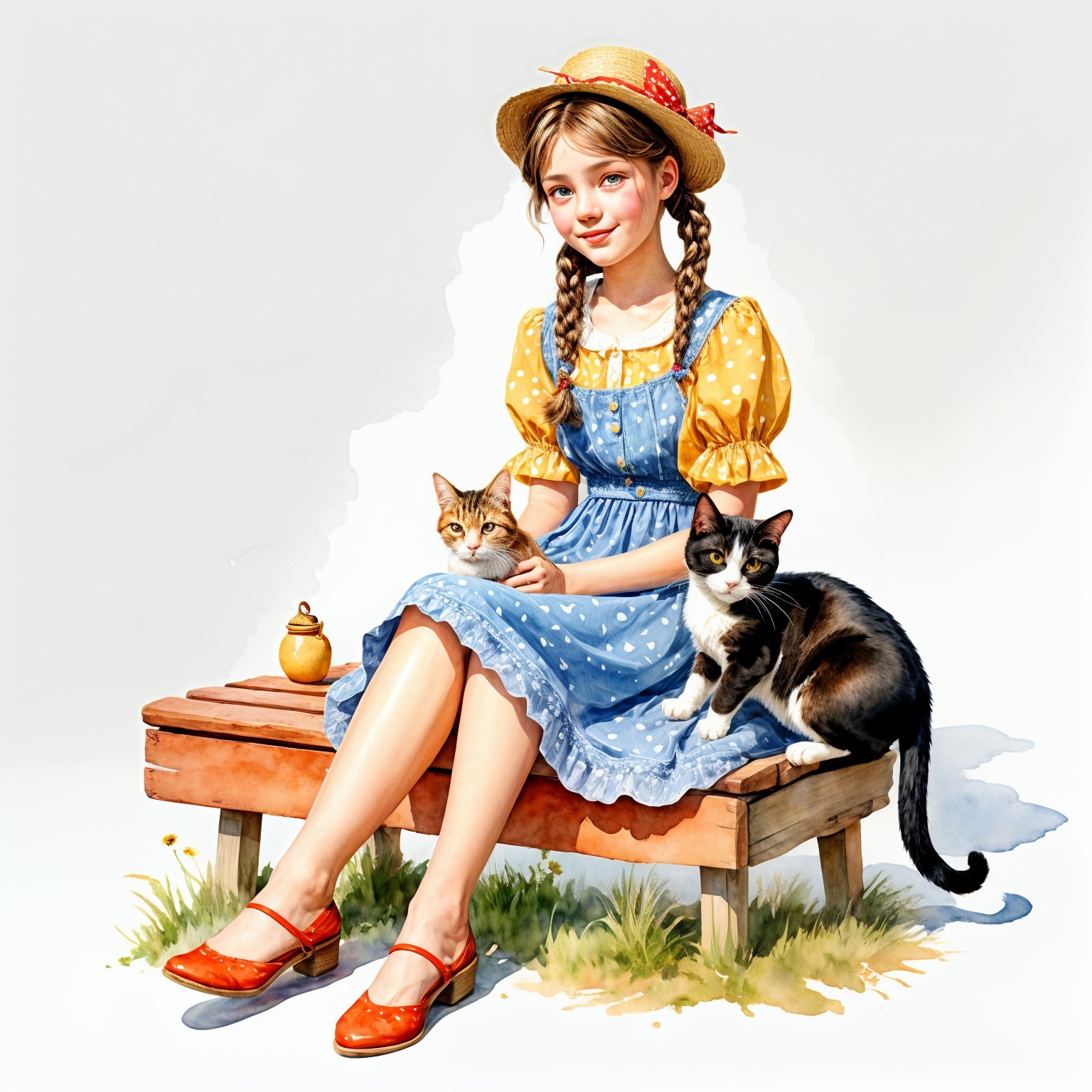 Cheerful girl in blue dress with playful cats nearby
