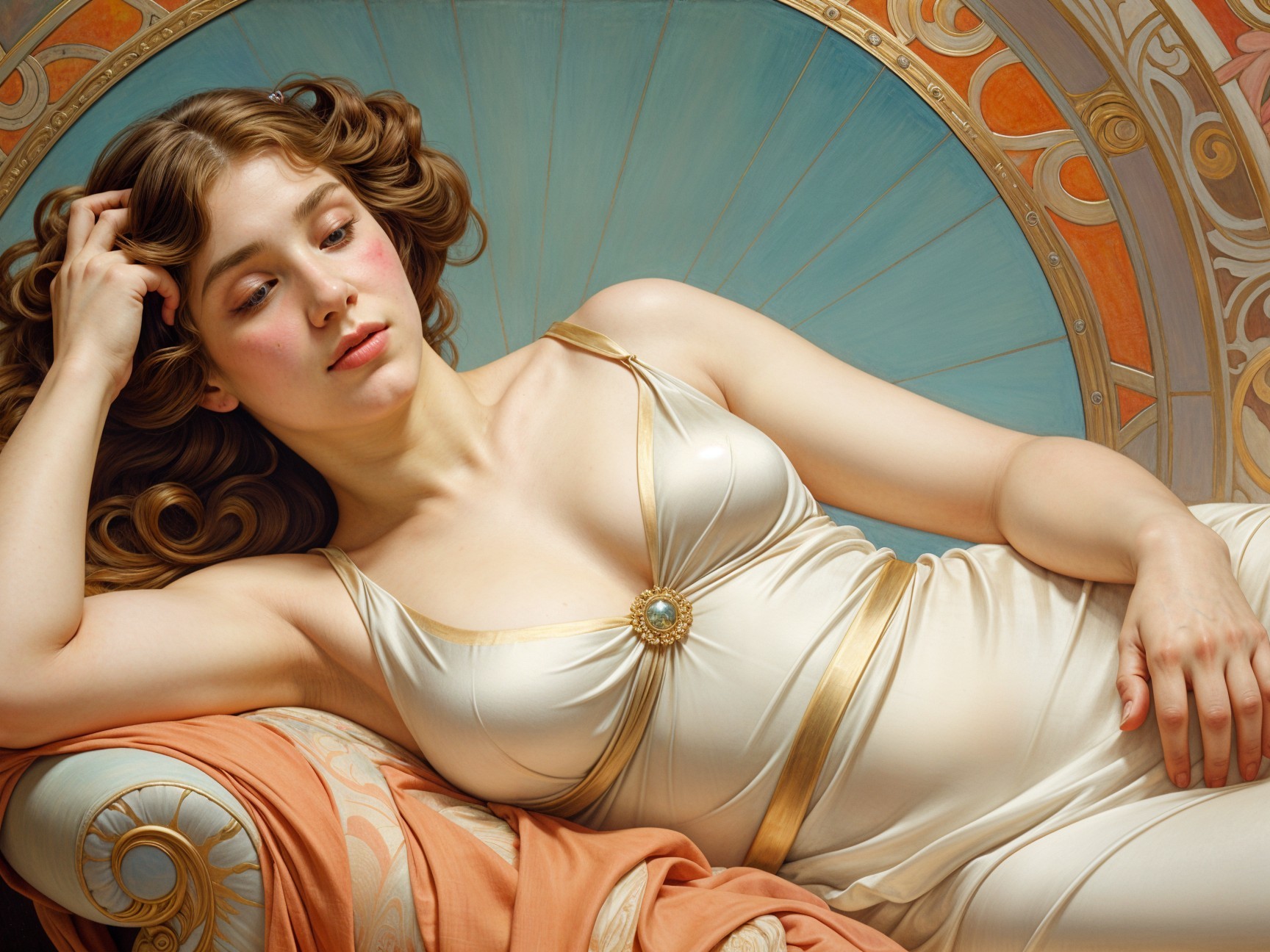 Serene Woman in Elegant Gown Against Vintage Backdrop