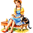 Young girl in colorful dress with cats on a bench