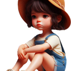 Child in Blue Overalls and Straw Hat Against Dark Background