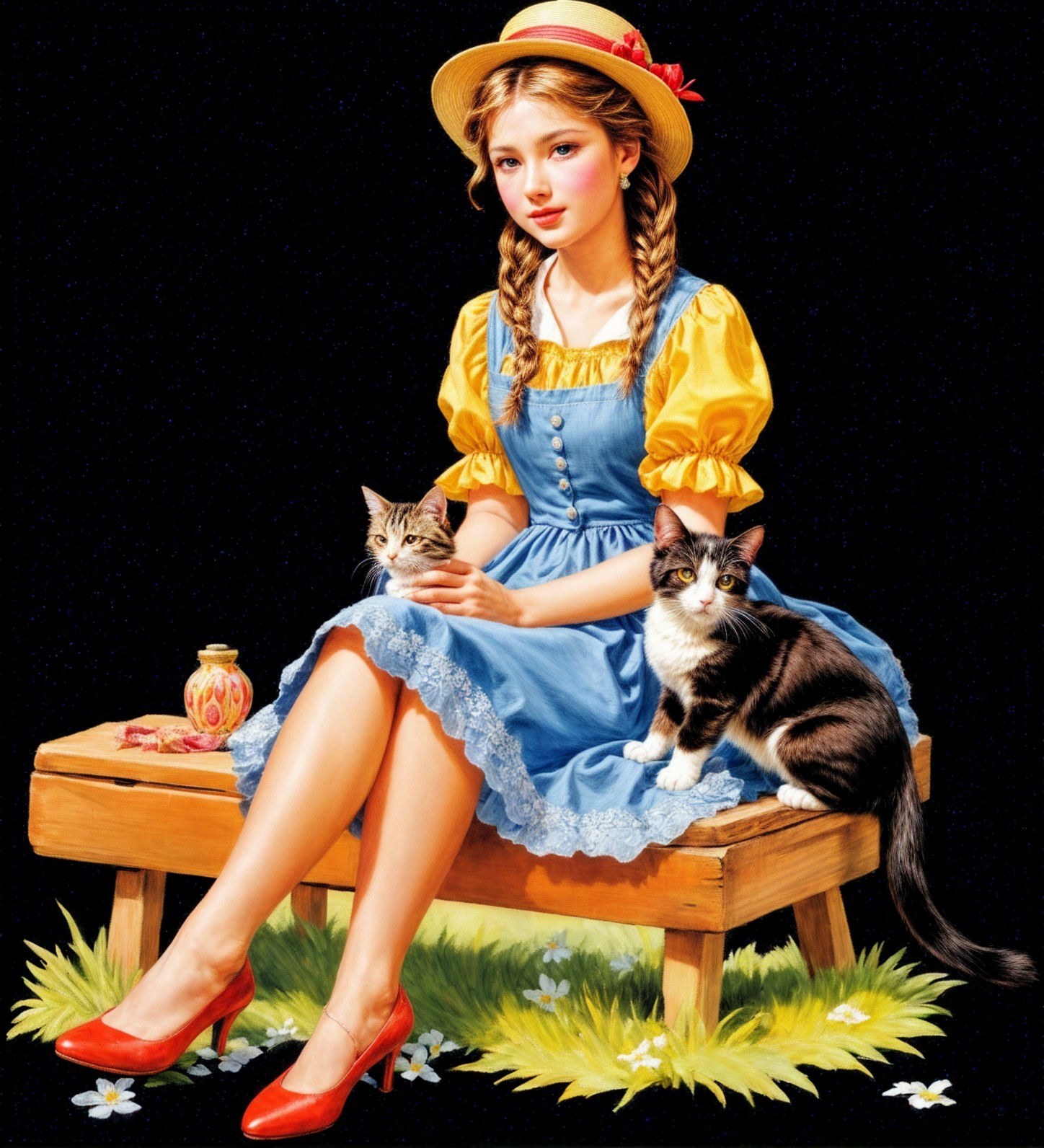Young girl in colorful dress with cats on a bench