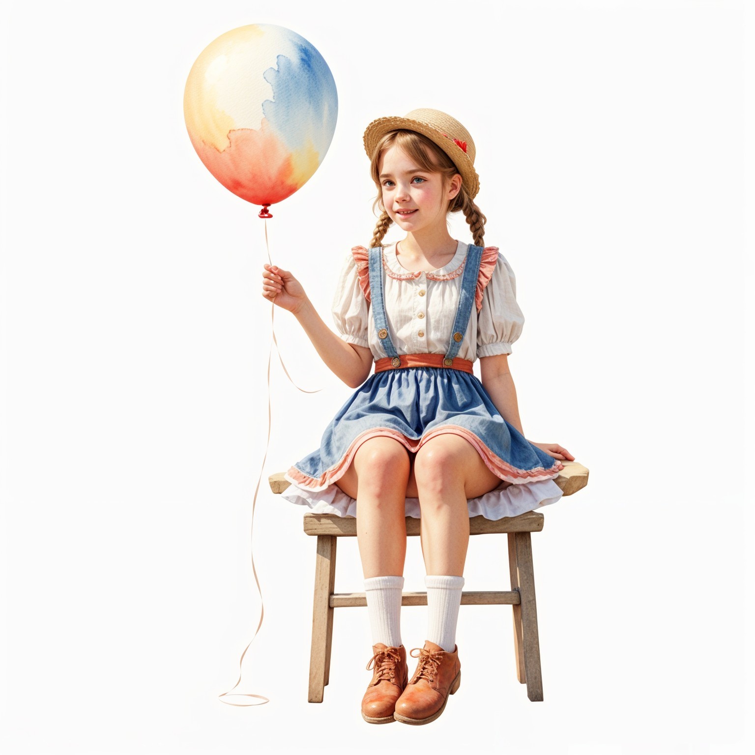 Young girl in denim dress with balloon on stool