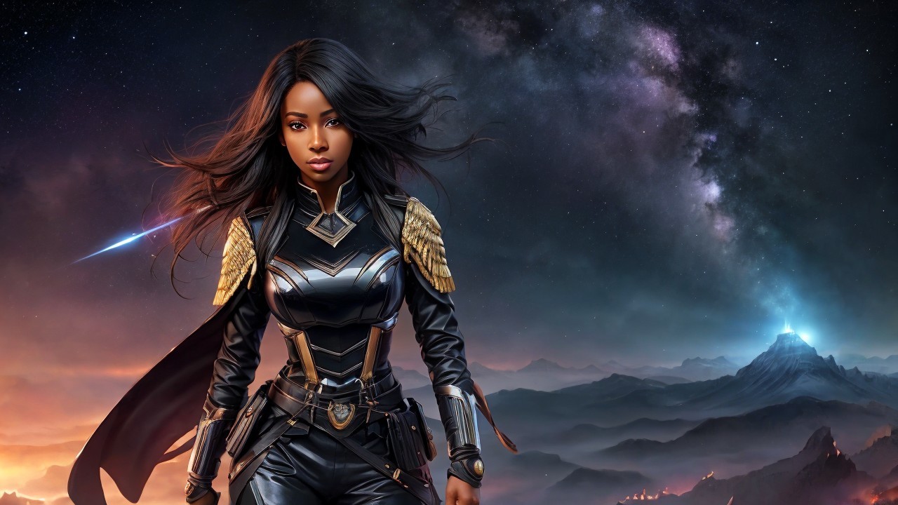Warrior in Dark Armor Against Cosmic Landscape