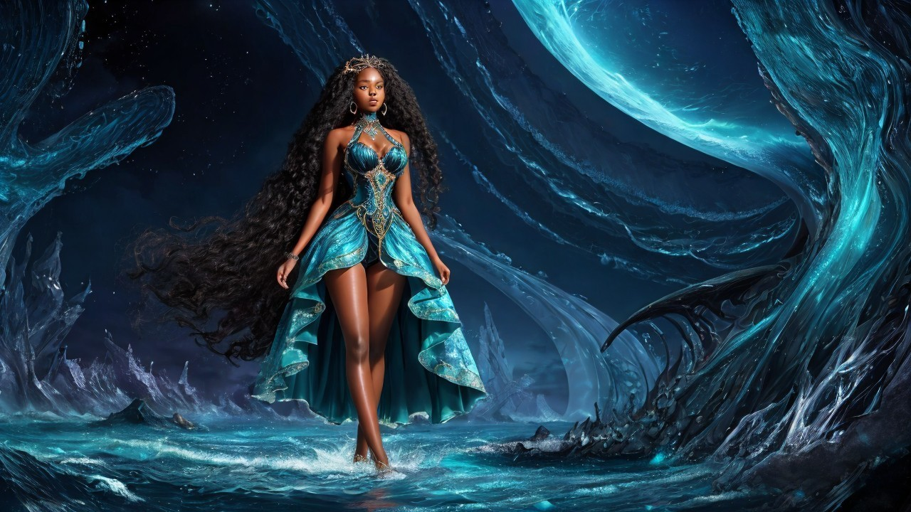 Graceful figure in blue gown in icy fantasy landscape