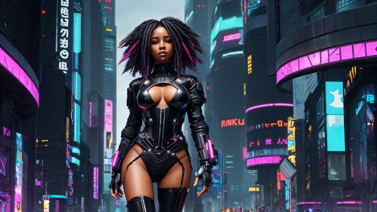 Futuristic Figure in Neon-Lit Cyberpunk Cityscape