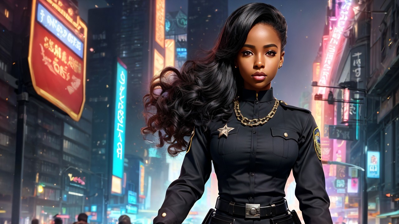 Confident Female Officer in Neon Cityscape