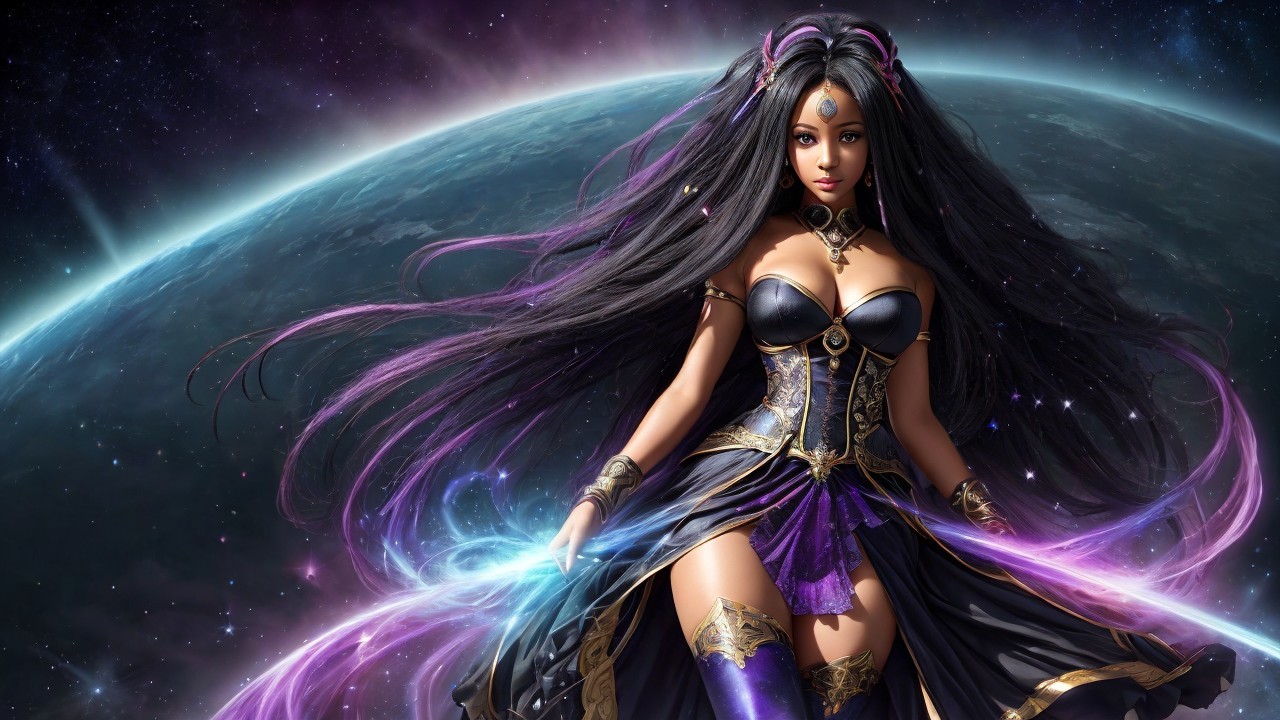 Mystical Figure in Cosmic Scene with Vibrant Colors