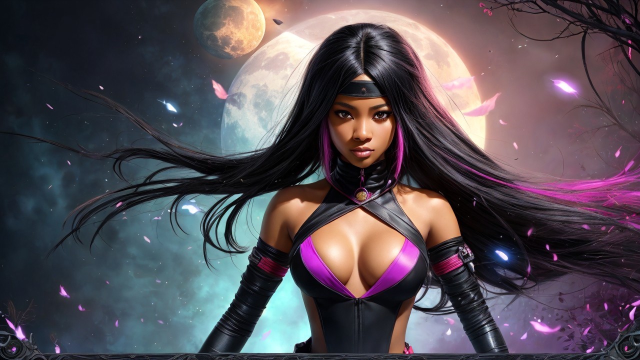 Fantasy Character with Black and Purple Outfit in Mystical Setting