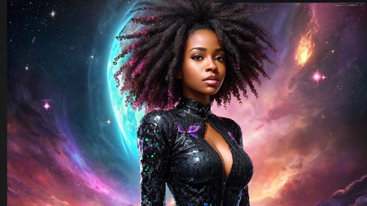 Portrait of a Woman in Cosmic Background with Curly Hair