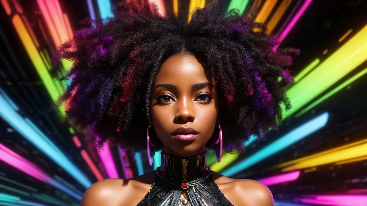 Young woman with curly hair in colorful backdrop