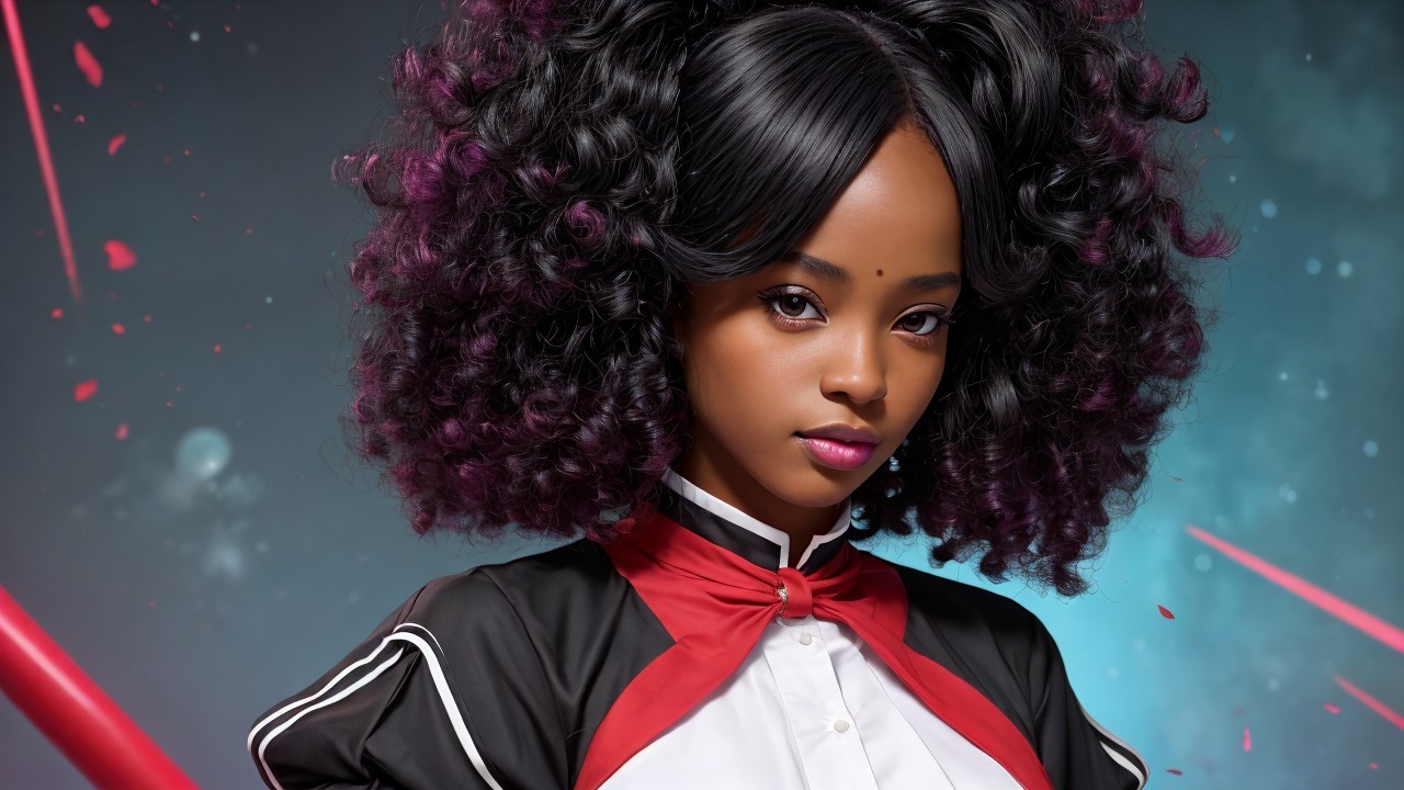 Character with Curly Black and Purple Hair in Stylish Outfit