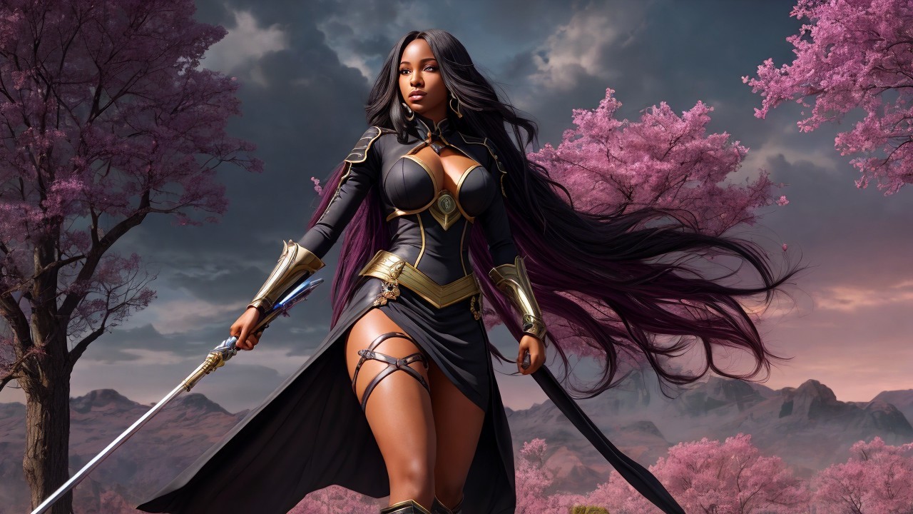 Warrior in Black and Gold Armor Among Cherry Blossoms