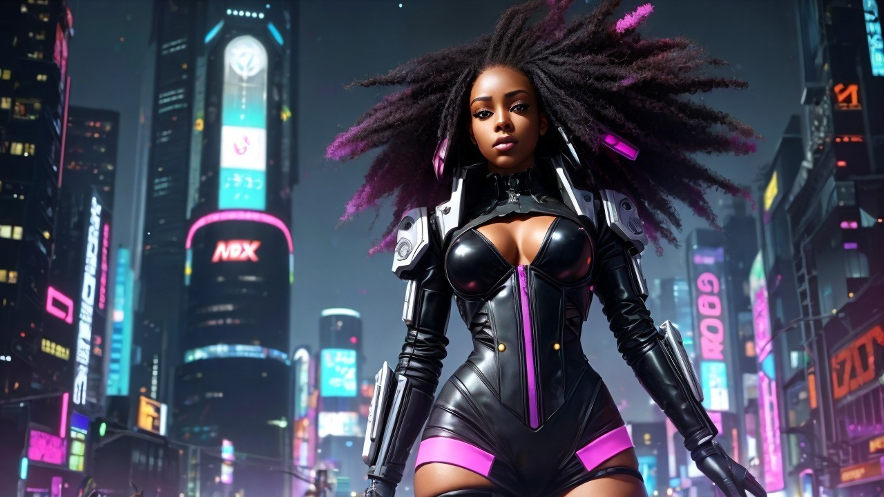 Confident Woman in Futuristic Neon Cityscape