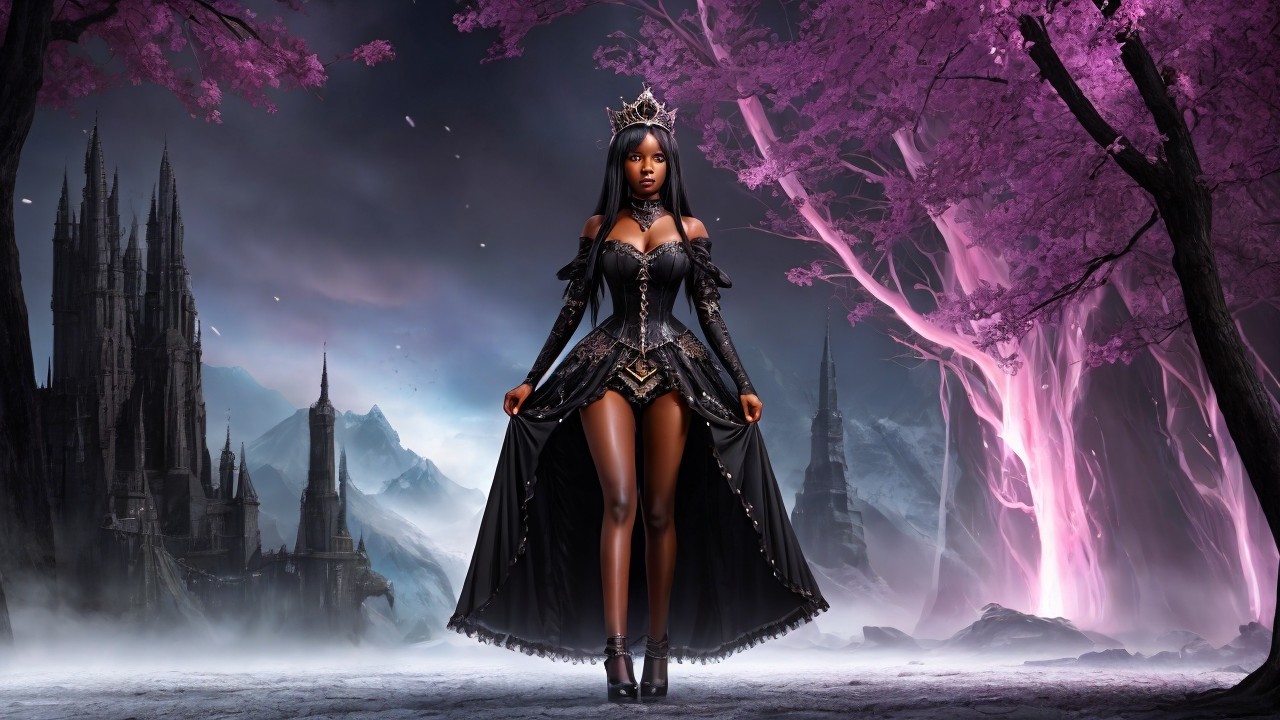 Regal figure in gothic gown in dark landscape