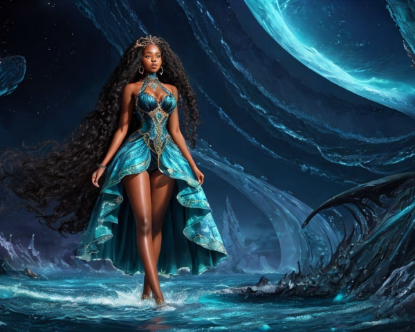 Graceful figure in blue gown in icy fantasy landscape
