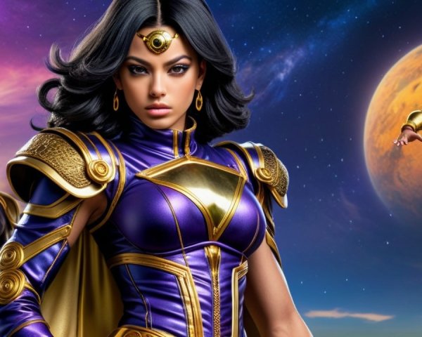 Regal Woman in Purple and Gold Armor with Accessories