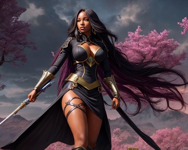 Warrior in Black and Gold Armor Among Cherry Blossoms