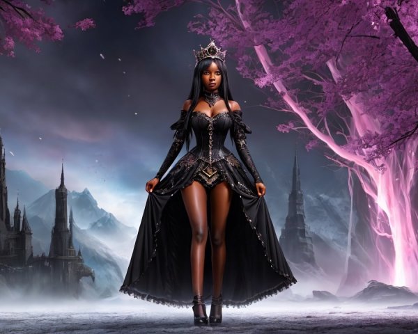 Regal figure in gothic gown in dark landscape