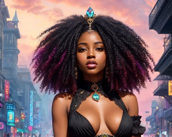 Young woman in ornate black outfit with curly hair