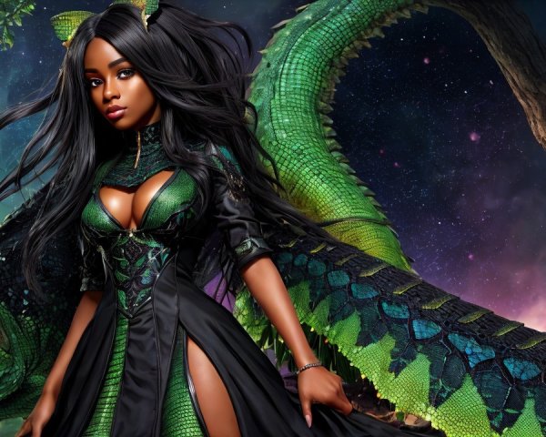 Fantasy Figure in Green Outfit with Serpent Background