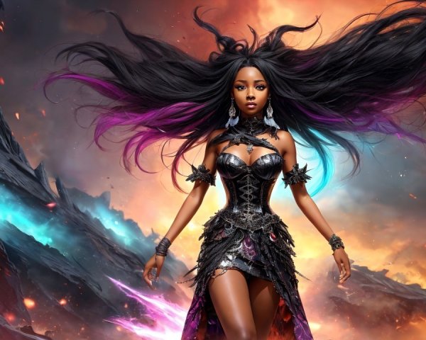Confident figure in ornate black outfit among flames