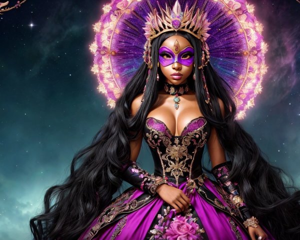 Elegant figure in vibrant gown with celestial backdrop