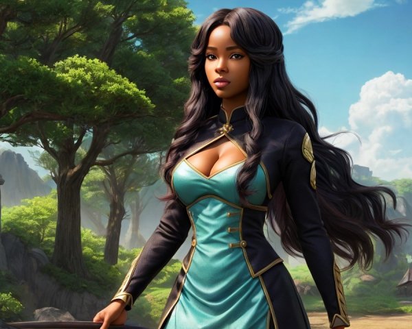 Confident Young Woman in Vibrant Fantasy Landscape