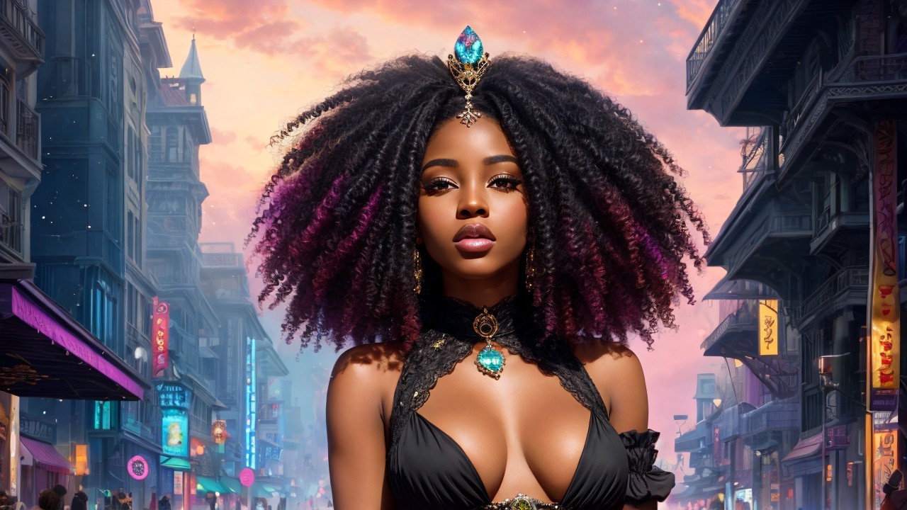 Young woman in ornate black outfit with curly hair