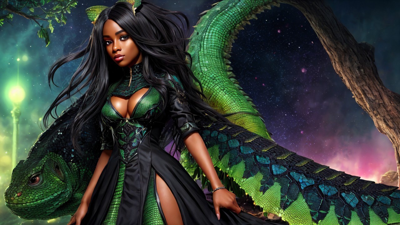 Fantasy Figure in Green Outfit with Serpent Background