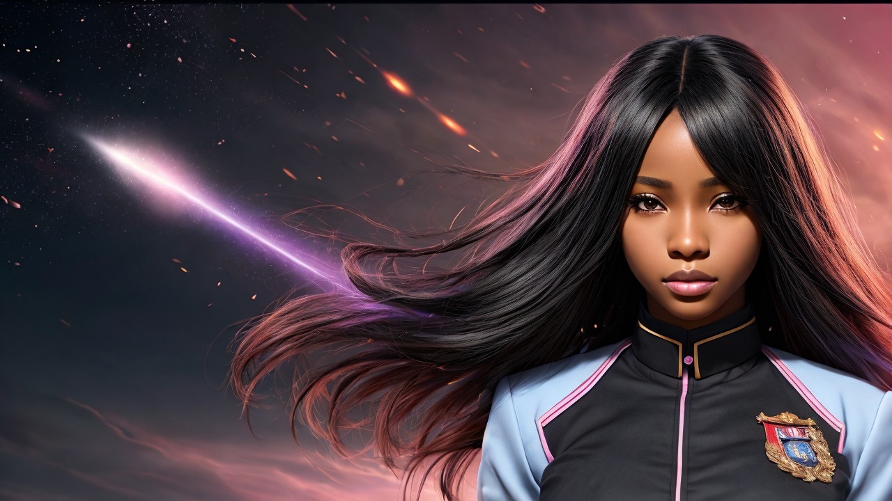 Character in Cosmic Scene with Black and Blue Uniform