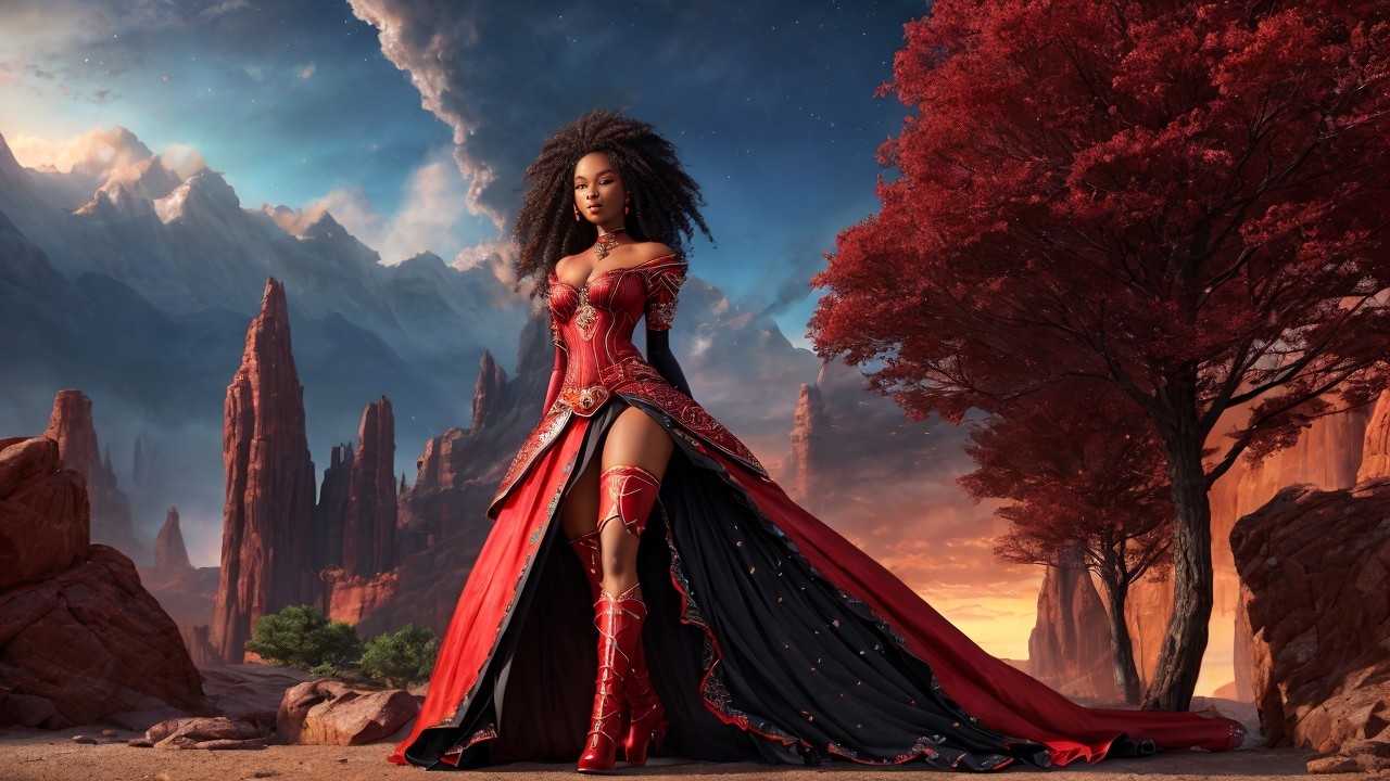 Confident figure in red and black gown against dramatic landscape