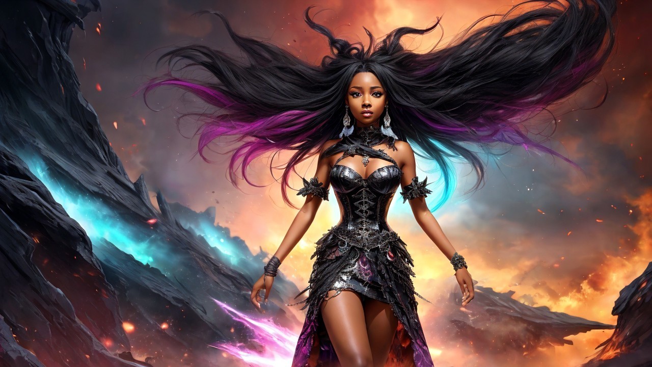 Confident figure in ornate black outfit among flames