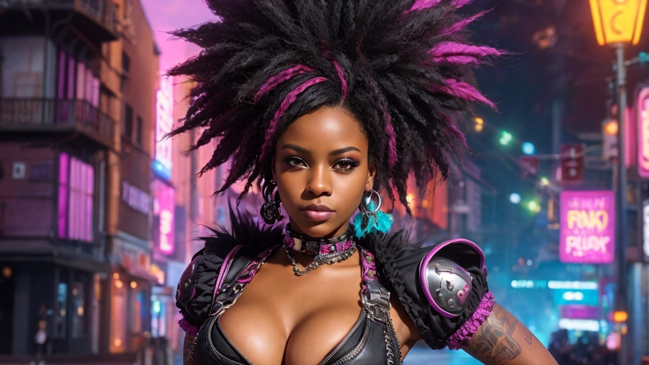 Confident Figure in Edgy Outfit Amid Neon Lights