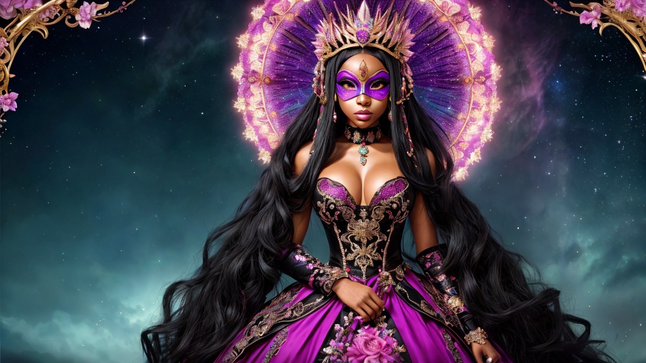 Elegant figure in vibrant gown with celestial backdrop