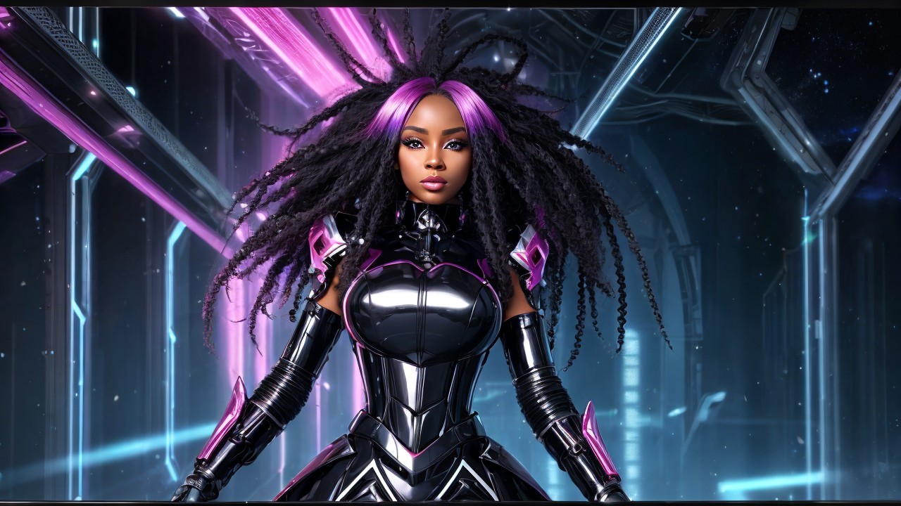 Futuristic figure in black armor with purple accents
