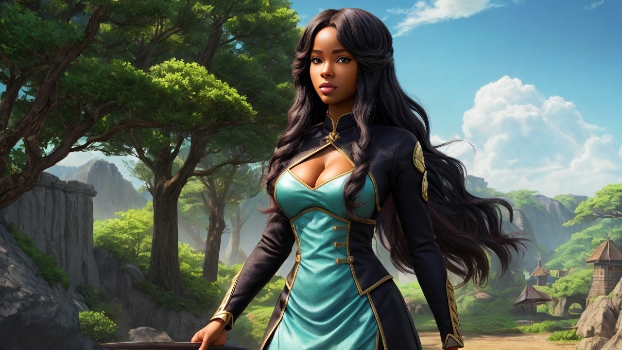 Confident Young Woman in Vibrant Fantasy Landscape